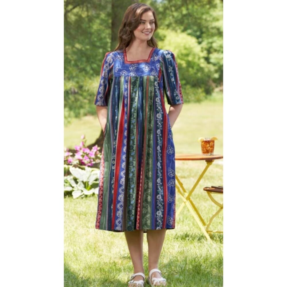 Vermont Country Store Size L Cotton MuuMuu Falling Leaves Square Neck Dress